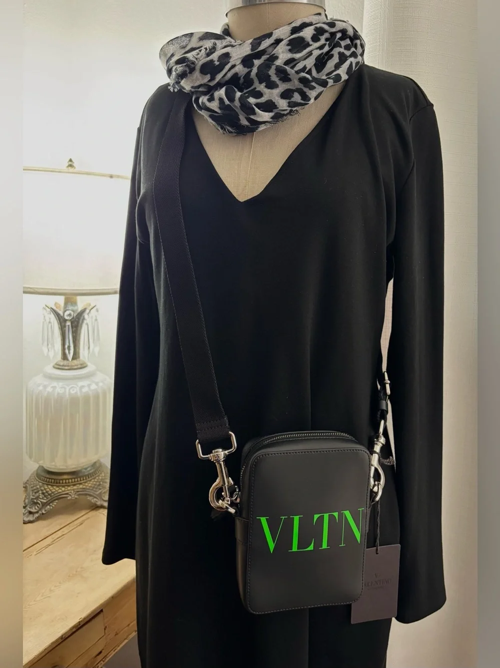 Valentino Garavani Unisex Black Leather Bag with Neon Green VLTN Logo NWT